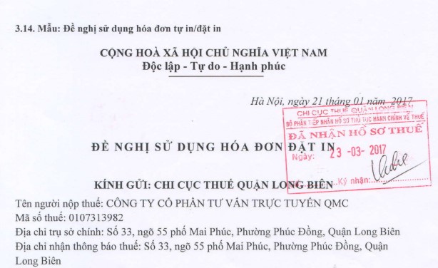Trước khi đặt in hóa đơn phải làm đơn đề nghị 